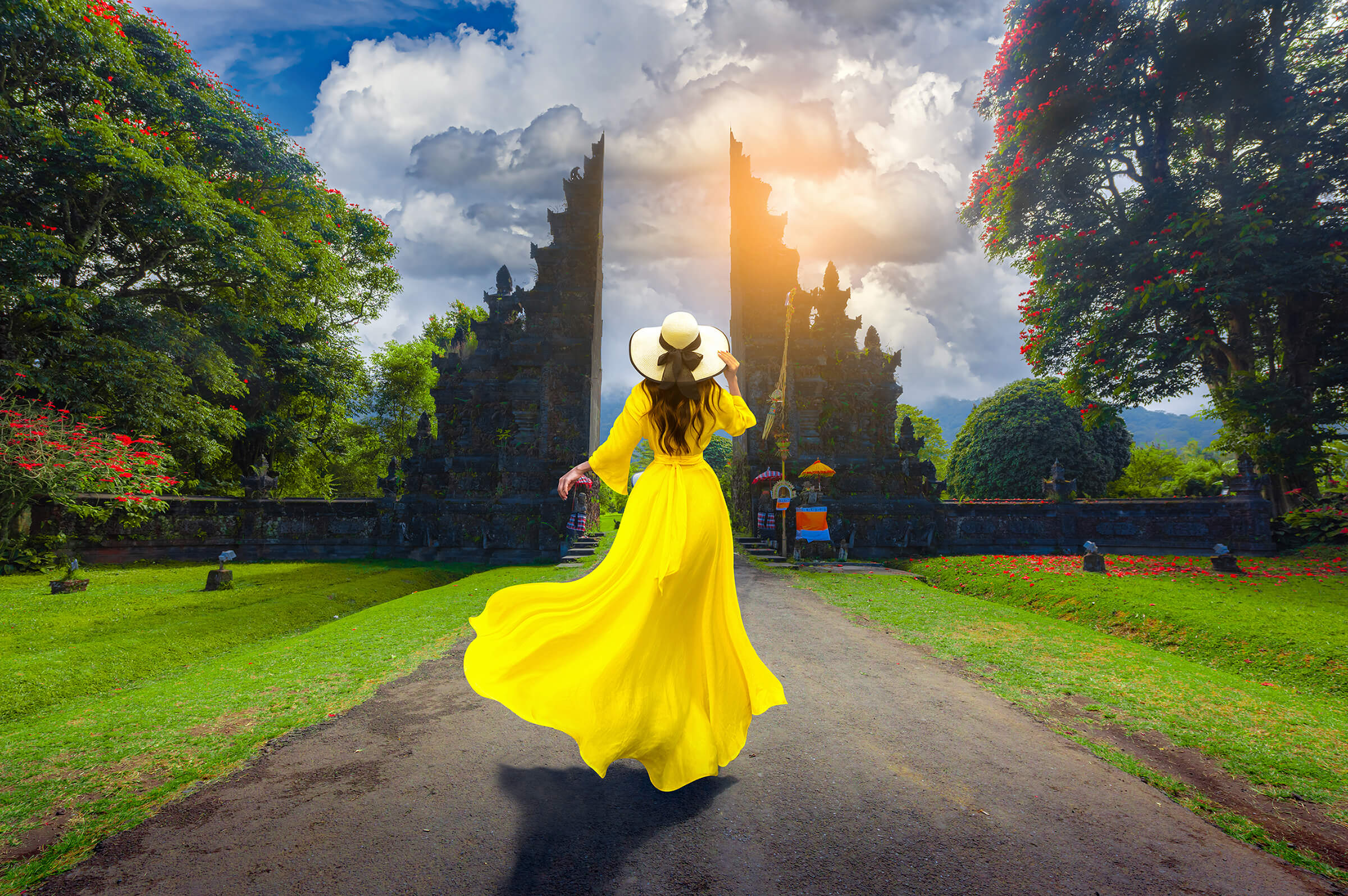 Asian female tourists visit Bali gate in Bali,Indonesia