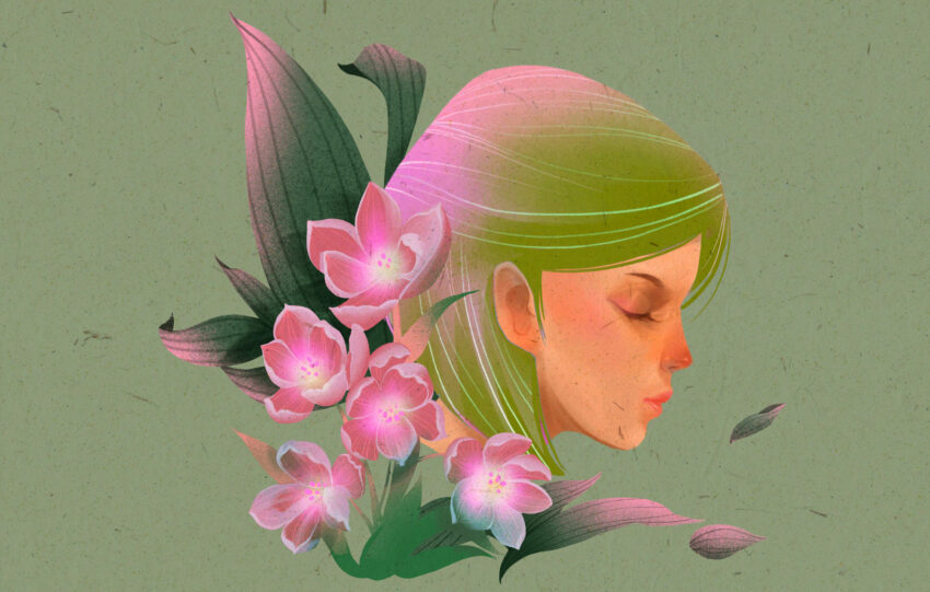 Side face of a woman with flowers, digital art, pink and gree