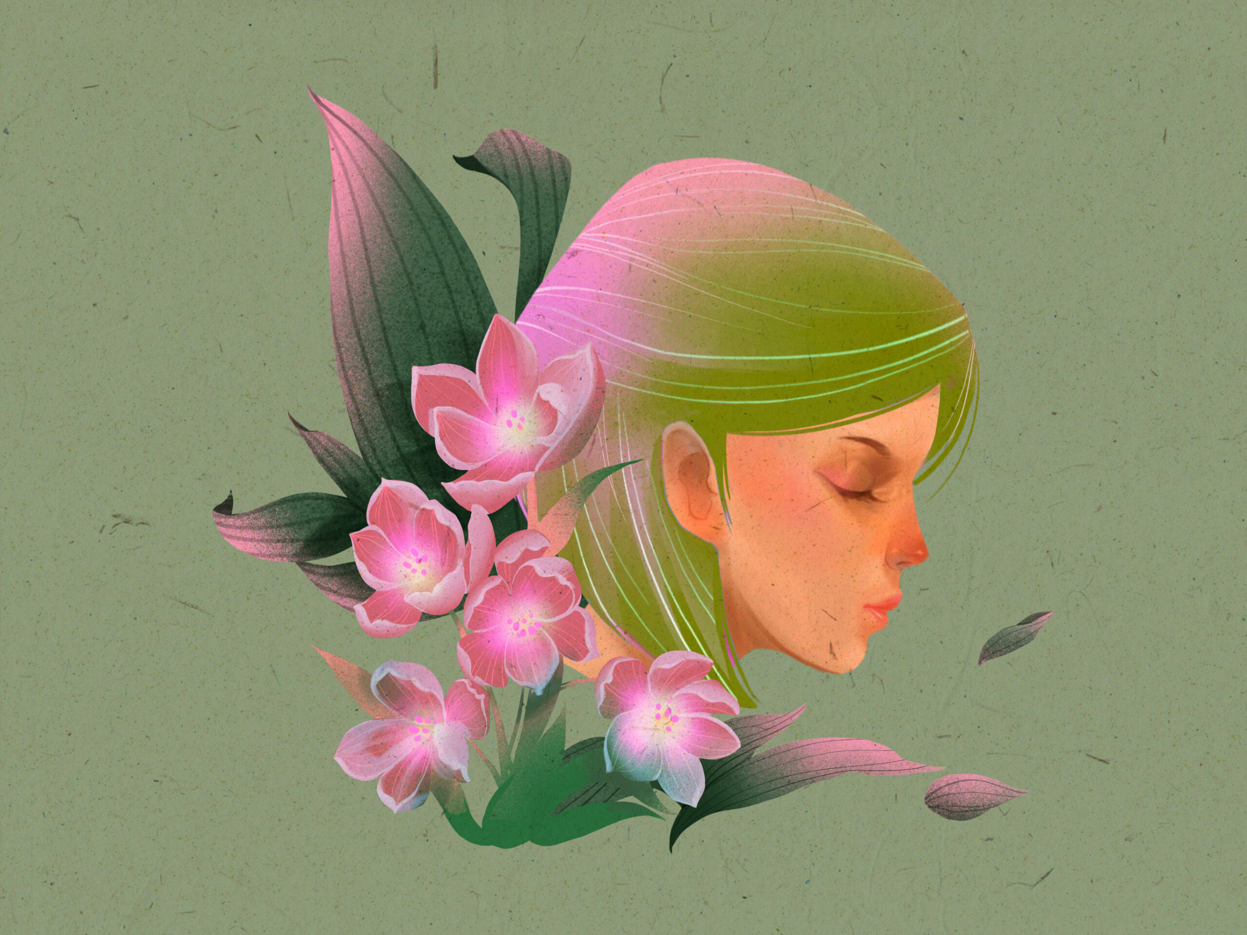 Side face of a woman with flowers, digital art, pink and gree